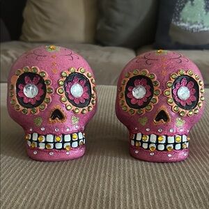 Hand-Painted Pink Sugar Skull Decorative Accent Pair